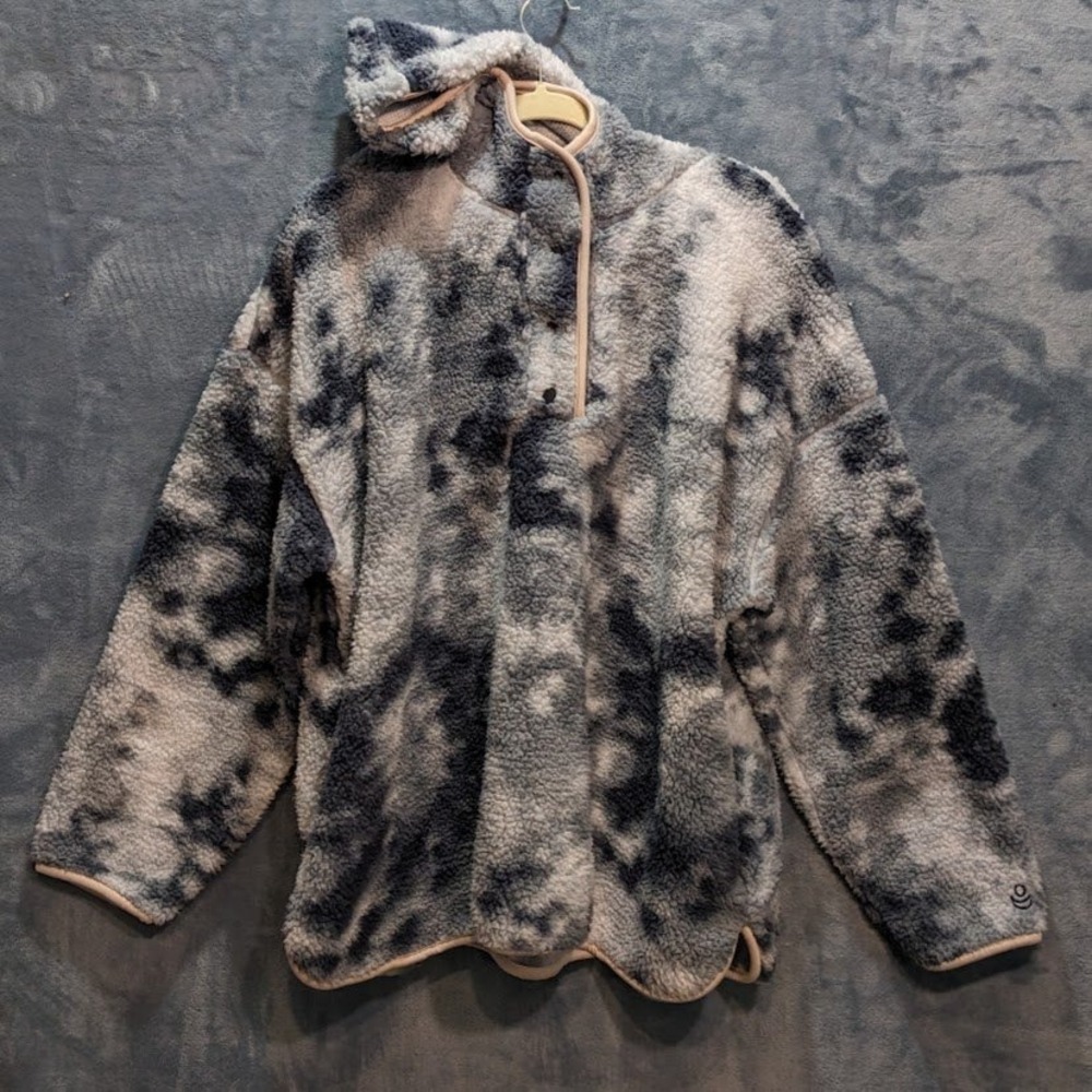 Cuddl Duds Womens 2X Fleece Hoodie Tie Dye Gray White Snap Neck Pullover